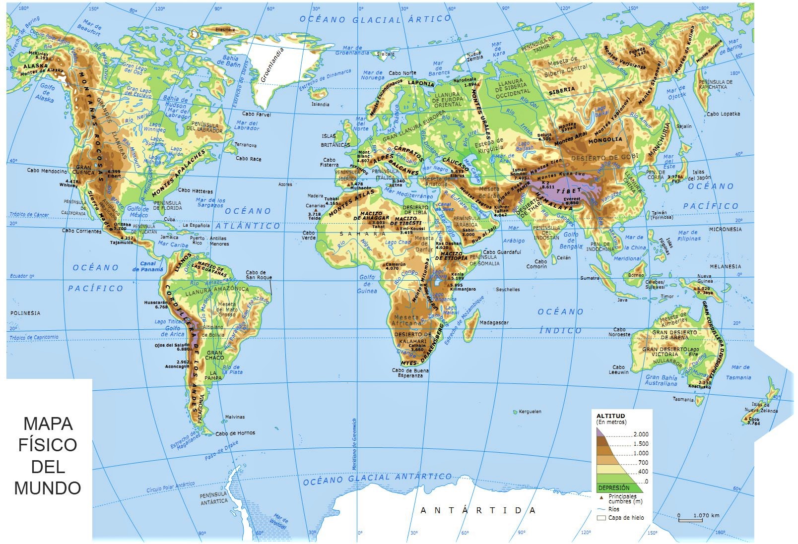 mapa físico mundial mudo ▷【 Mapamundi físico para imprimir 】» Con Nombres | Mudo | En blanco